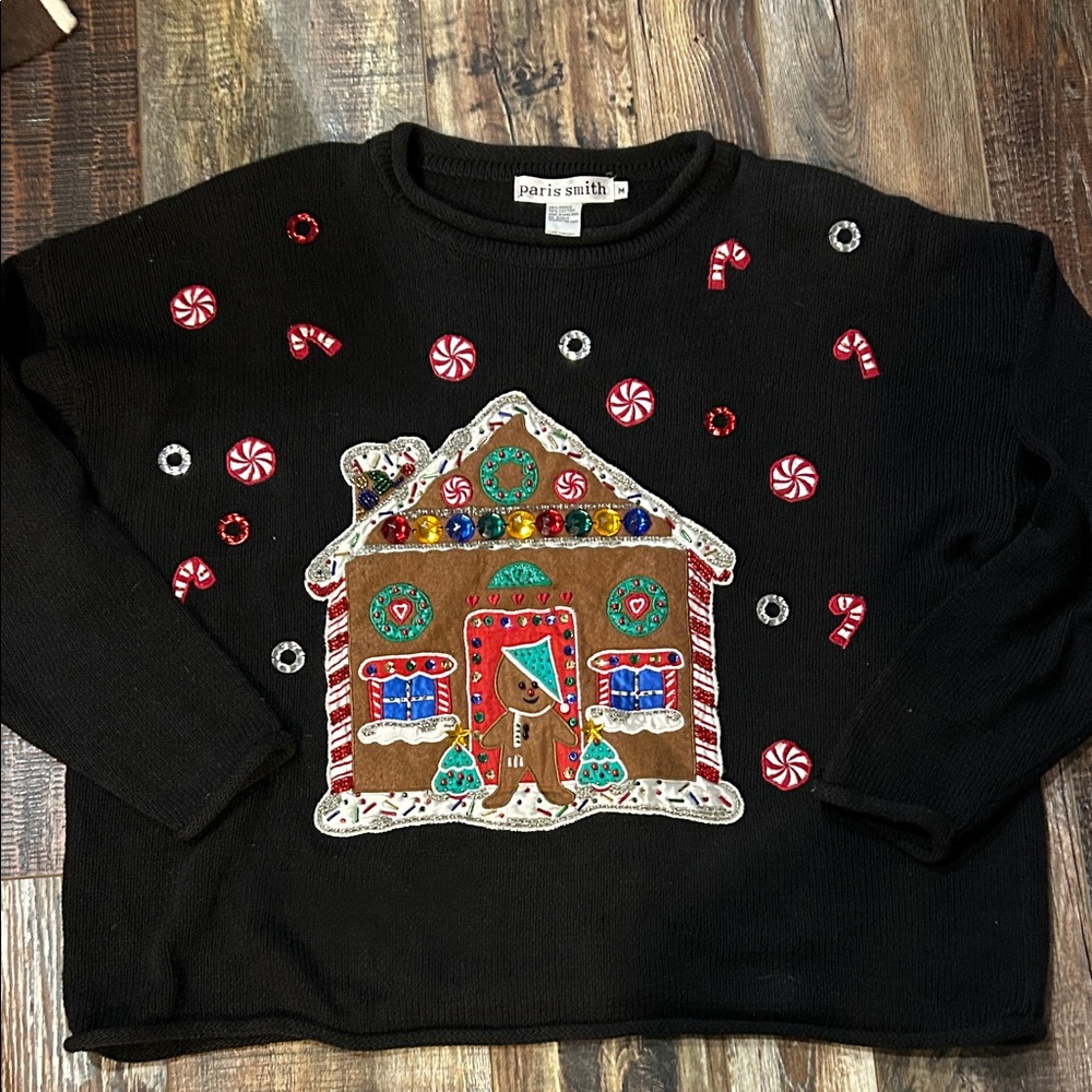 Paris Smith Holiday Gingerbread House Black Pullover Sweater size M, Preloved